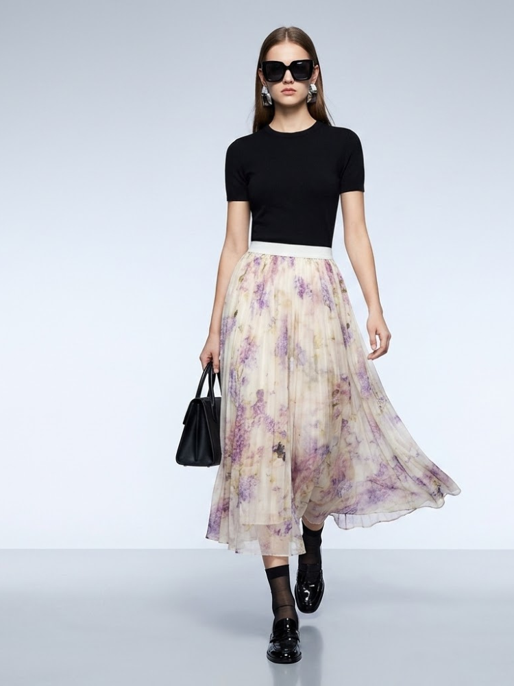 Park Avenue Purple Floral Pleated Tulle Midi Skirt