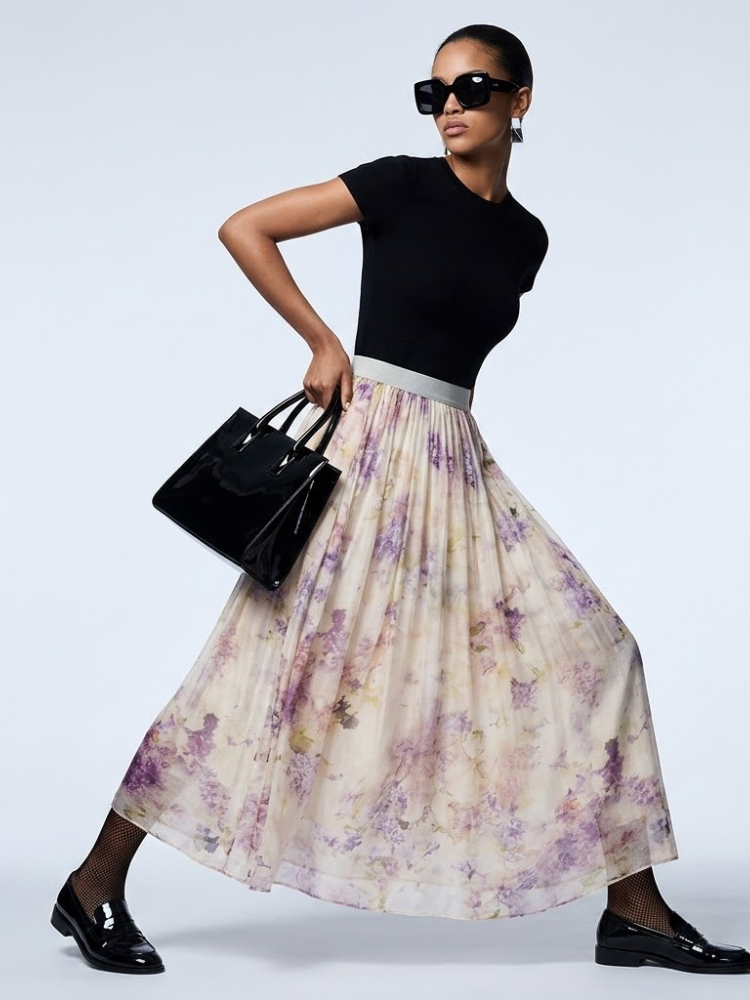Park Avenue Purple Floral Pleated Tulle Midi Skirt