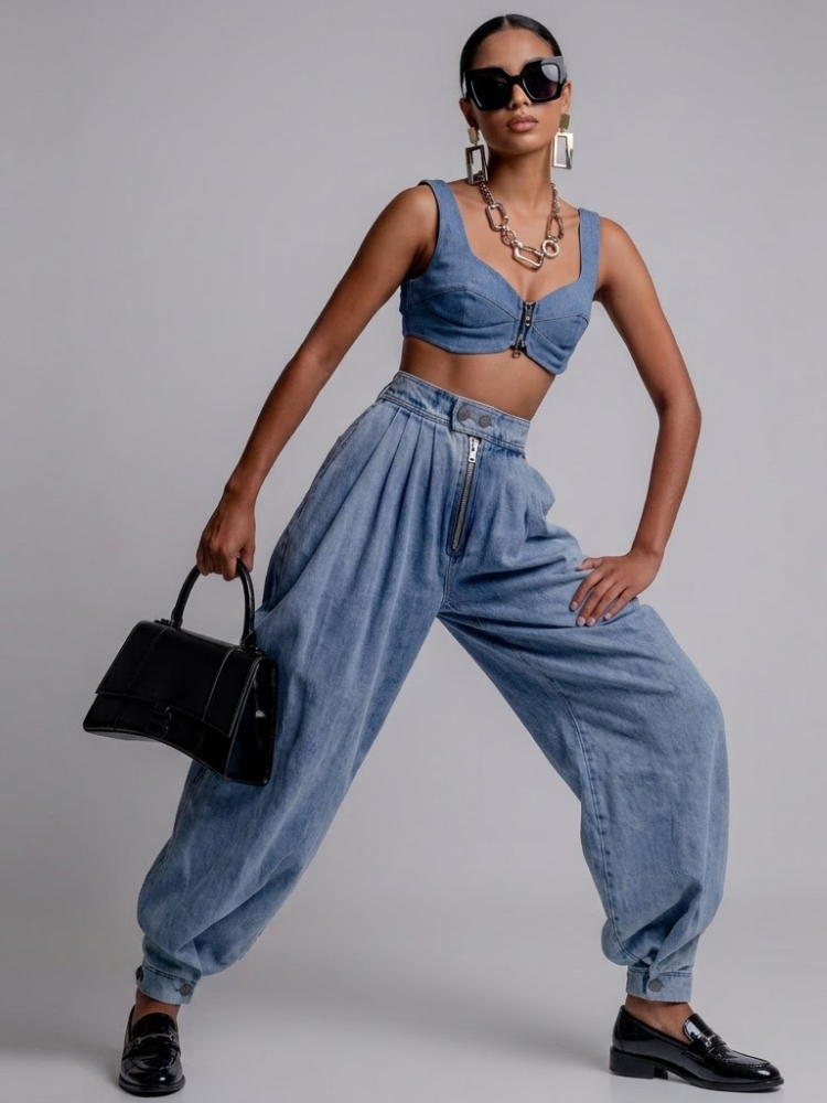 SoHo Luxe Light Blue Pleated Balloon Pants