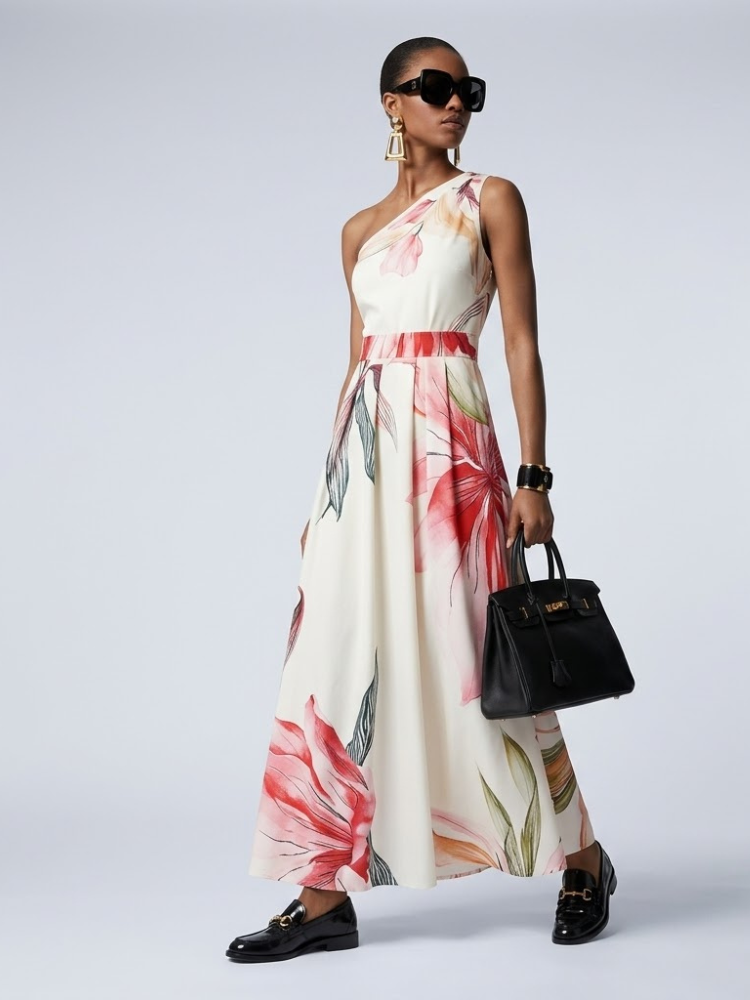 Hamptons Floral One-Shoulder Satin Maxi Dress
