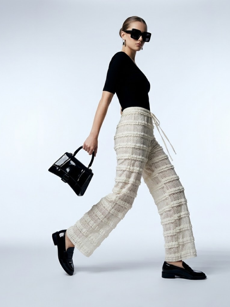 Hamptons Cream Crochet Lace Wide-Leg Pants