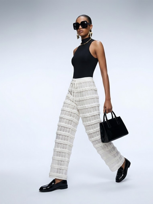 Hamptons Cream Crochet Lace Wide-Leg Pants