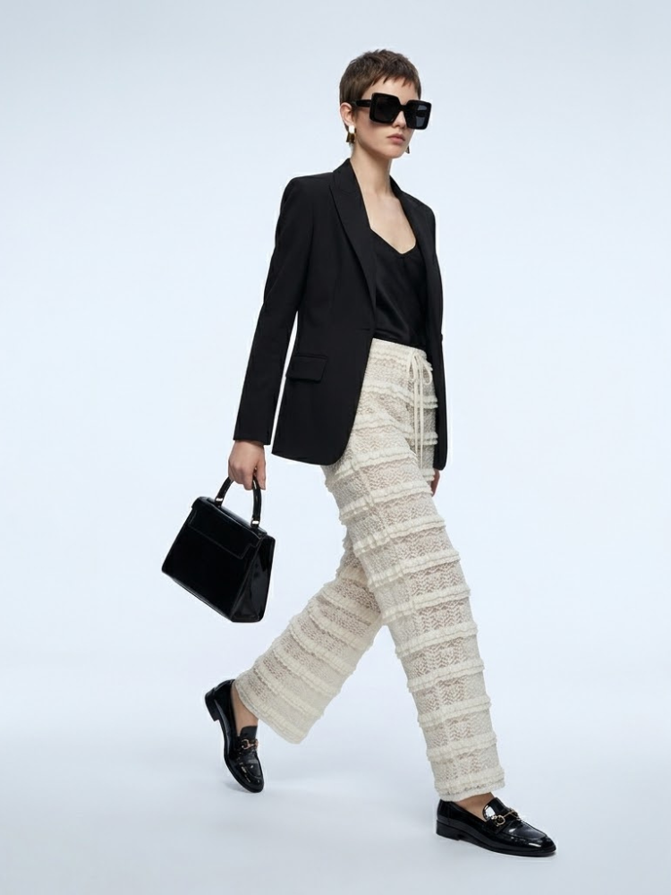 Hamptons Cream Crochet Lace Wide-Leg Pants