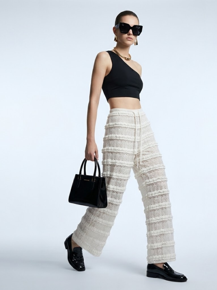 Hamptons Cream Crochet Lace Wide-Leg Pants