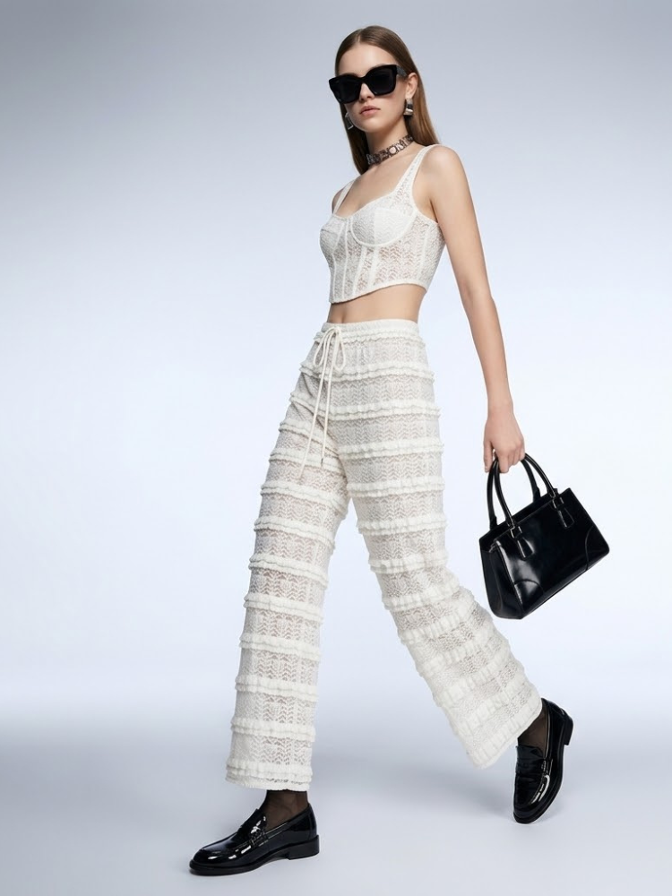 Hamptons Cream Crochet Lace Wide-Leg Pants
