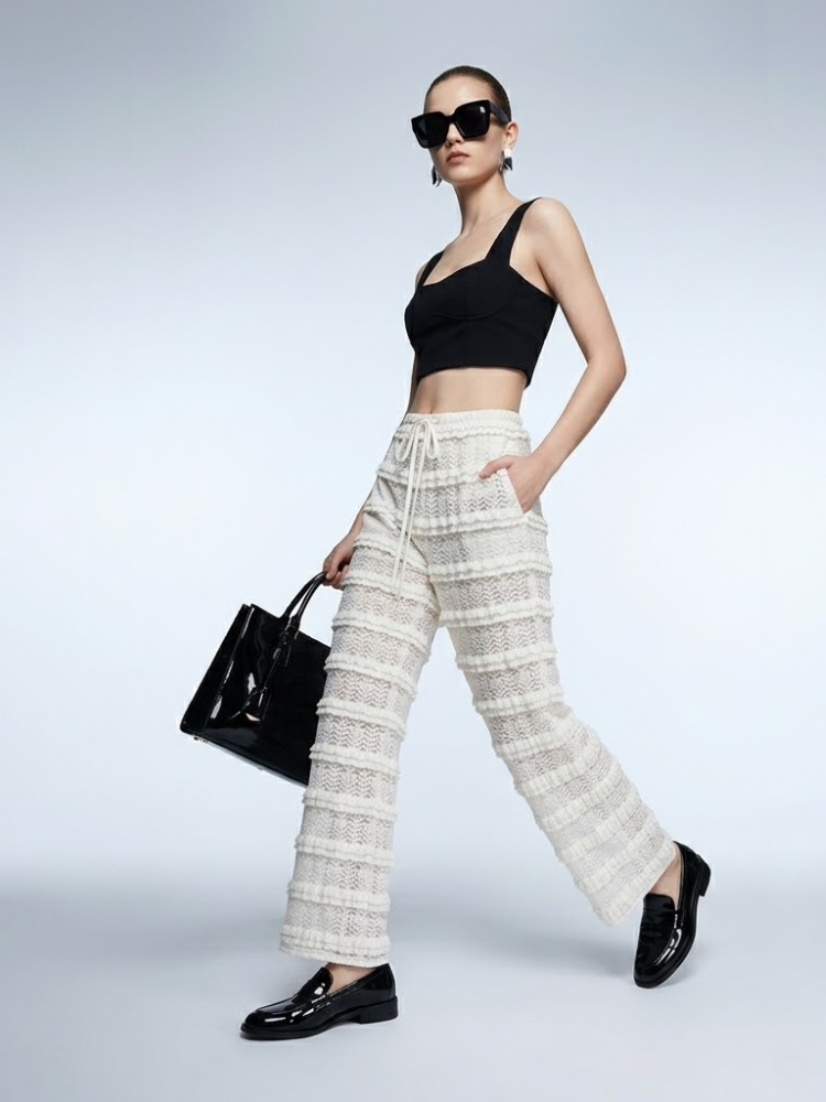 Hamptons Cream Crochet Lace Wide-Leg Pants