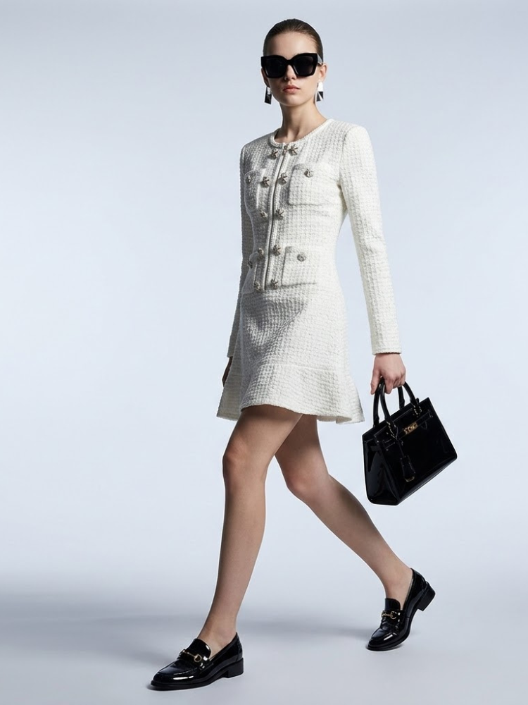 Madison Ivory Bouclé Tweed Button Mini Dress