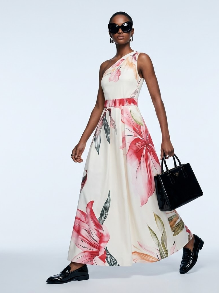 Hamptons Floral One-Shoulder Satin Maxi Dress