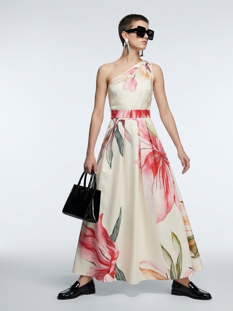 Hamptons Floral One-Shoulder Satin Maxi Dress