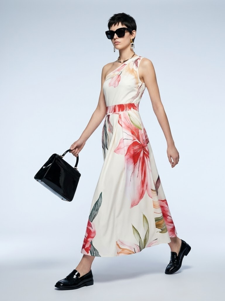 Hamptons Floral One-Shoulder Satin Maxi Dress