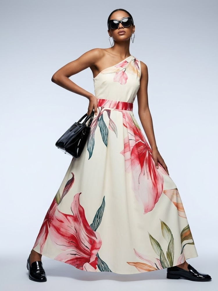 Hamptons Floral One-Shoulder Satin Maxi Dress