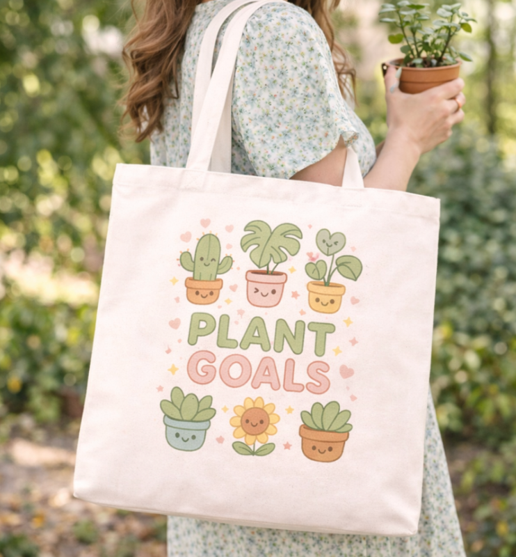 Kawaii "Plant Goals" Plant Lover's Tote Bag