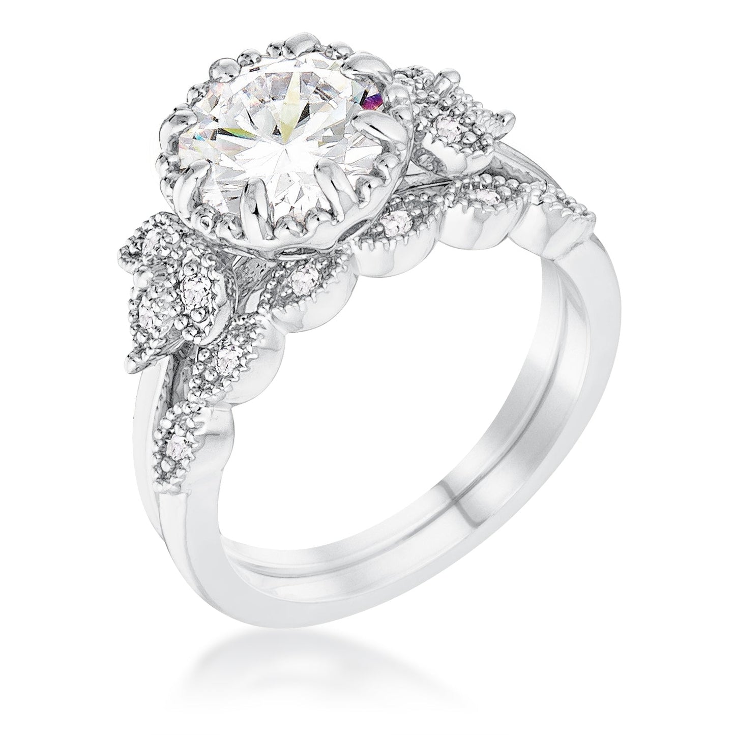 2.25Ct Rhodium Plated Round Cut CZ Trio Laurel Leaf Ring Set