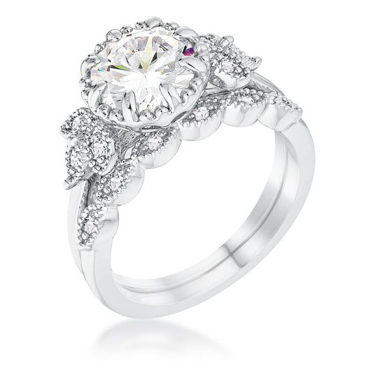 2.25Ct Rhodium Plated Round Cut CZ Trio Laurel Leaf Ring Set