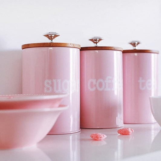Frascos de almacenamiento de cocina de color rosa