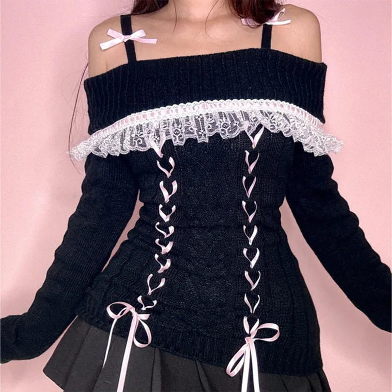 Pull Coquette à épaules dénudées et ruban