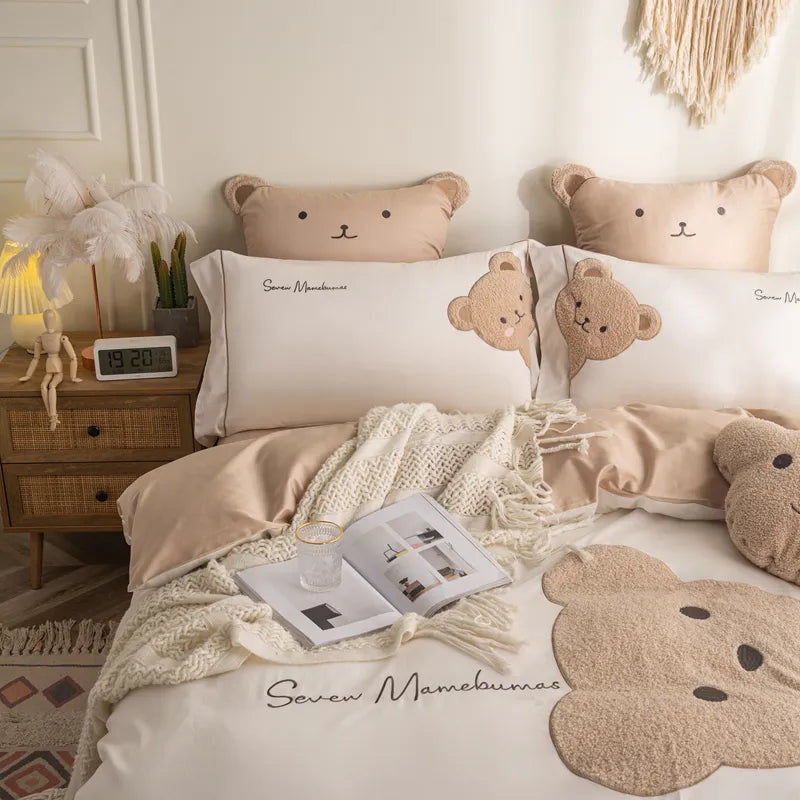 Ropa de cama de algodón con bordado de osito de peluche
