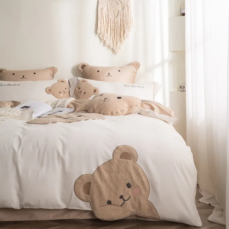 Ropa de cama de algodón con bordado de osito de peluche