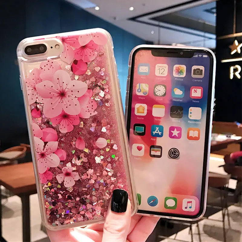 Coque iPhone Paillettes Liquides Sakura