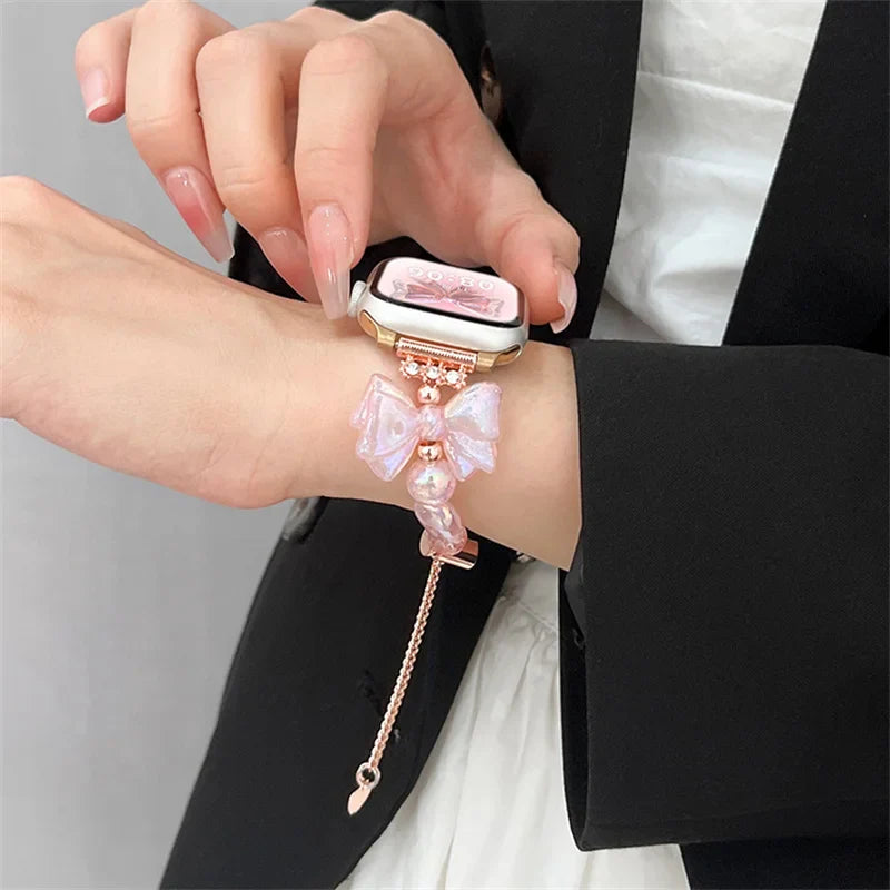 Bracelet Apple Watch avec nœud rose
