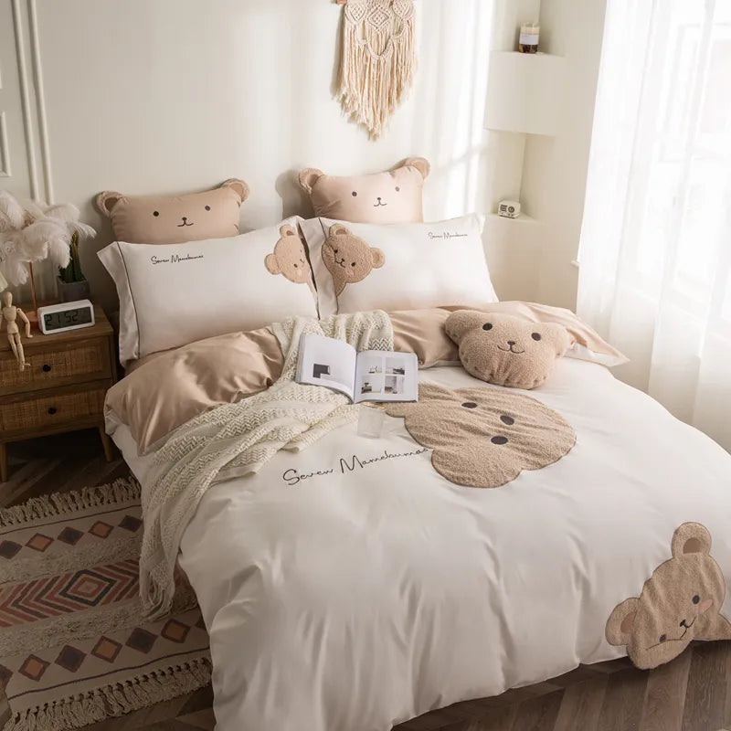 Ropa de cama de algodón con bordado de osito de peluche