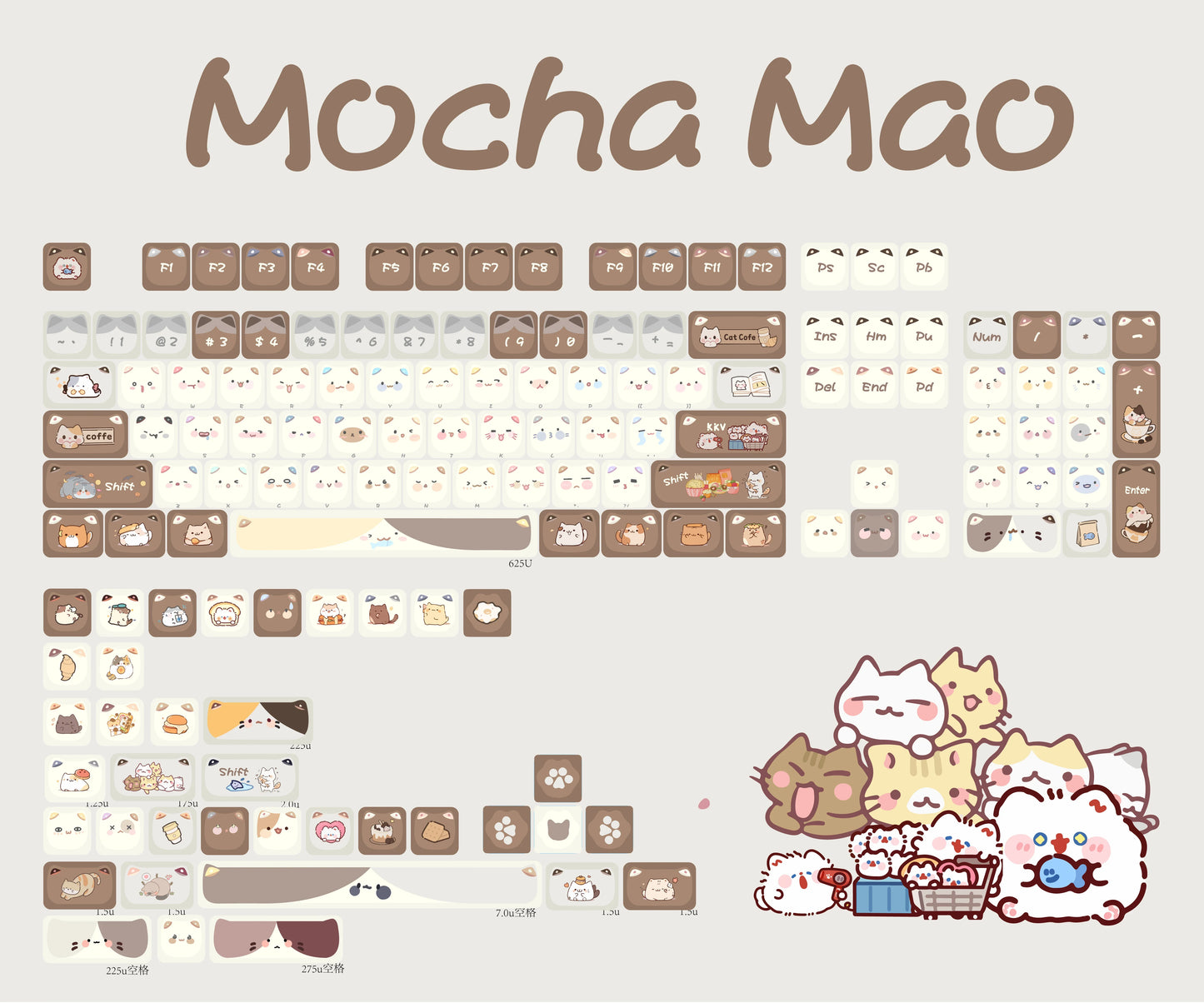 Juego de teclas de teclado con diseño de gato kawaii