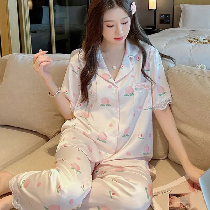 Cute Peach Print Lace Trim Pajamas