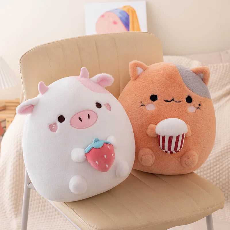 Peluches Vache Fraise et Chat Popcorn