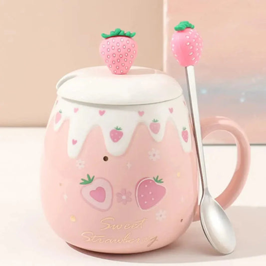 Tasse Rose Fraise Avec Couvercle et Cuillère
