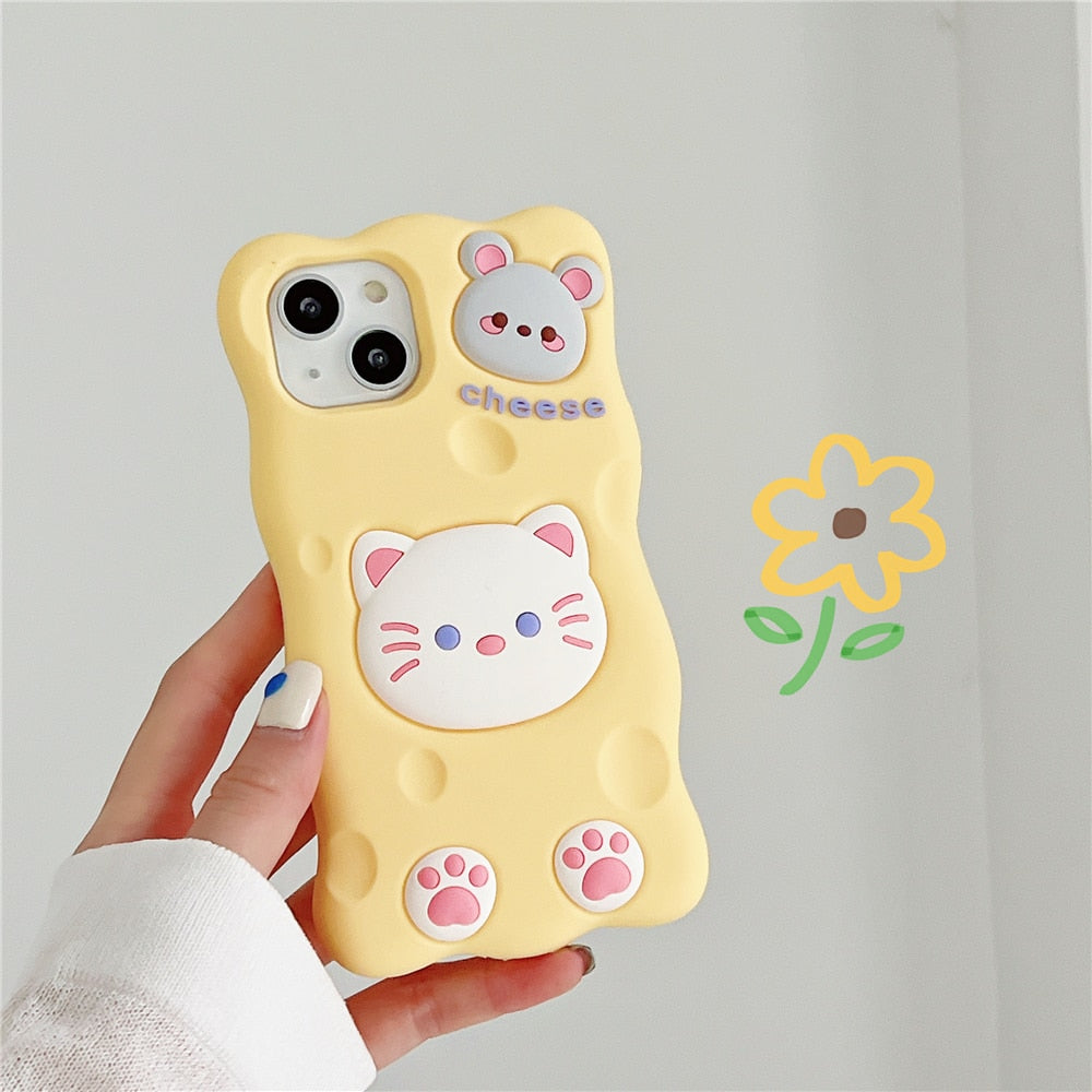 Funda para iPhone con diseño de gato y ratón con queso