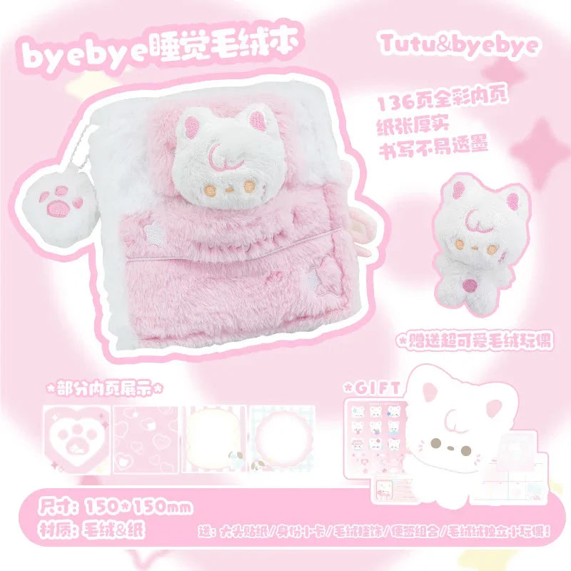 Carnet de notes en peluche avec chiot et chat endormis