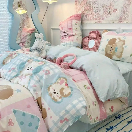 Parure de lit Kawaii bleu pastel et rose