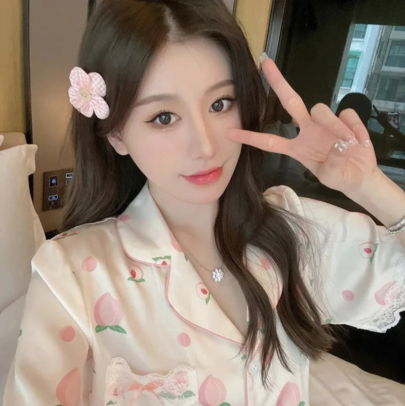 Cute Peach Print Lace Trim Pajamas