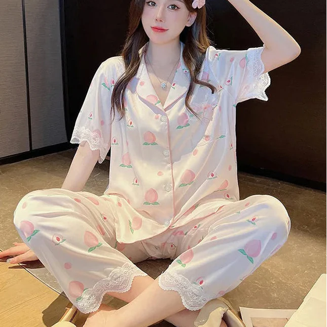 Cute Peach Print Lace Trim Pajamas
