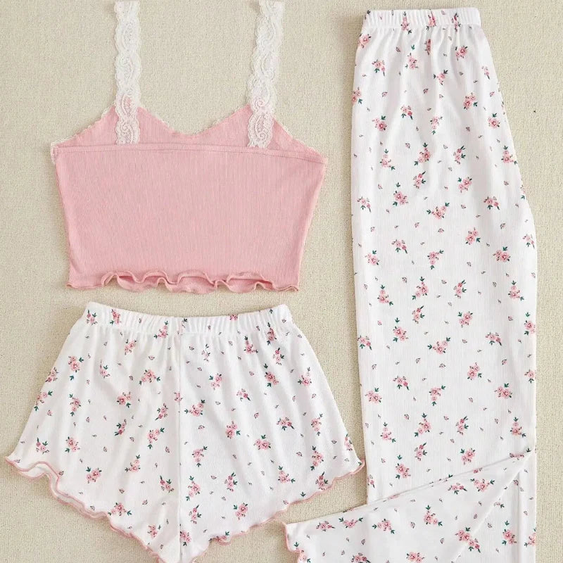 Pink & White Floral 3-Piece Pajamas Set