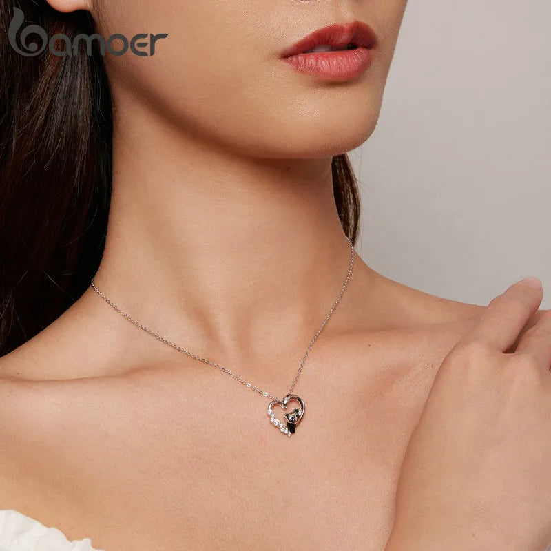 Collier en argent sterling avec cœur en cristal et bébé panda