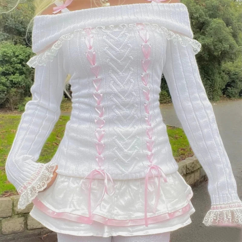 Pull Coquette à épaules dénudées et ruban
