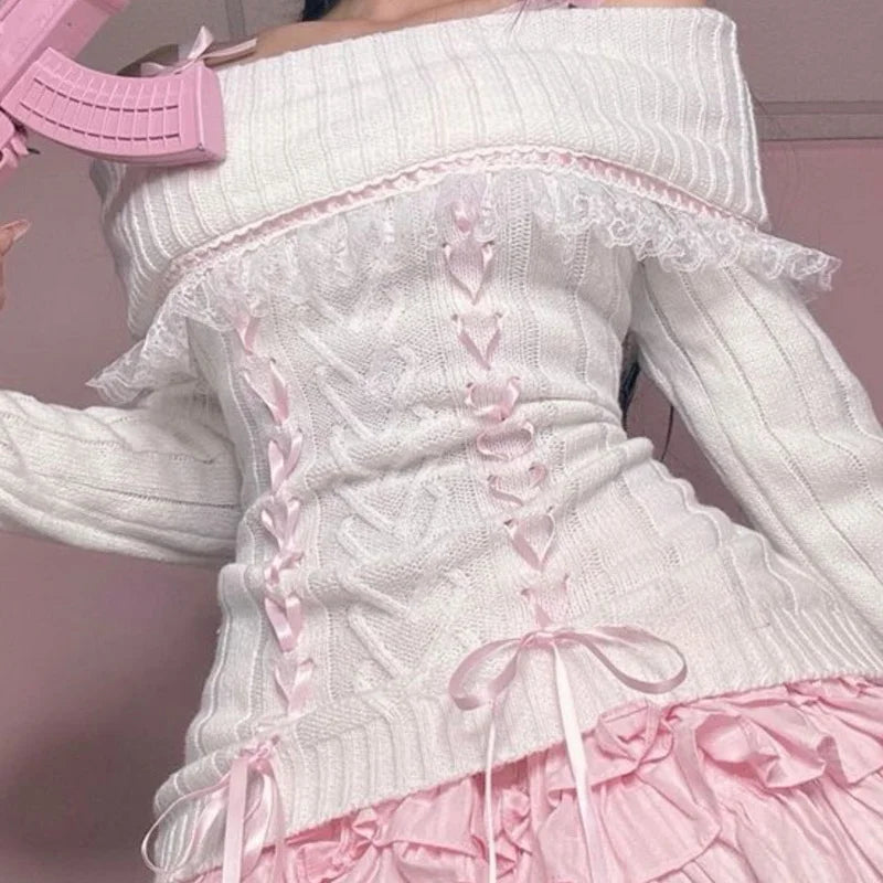 Pull Coquette à épaules dénudées et ruban