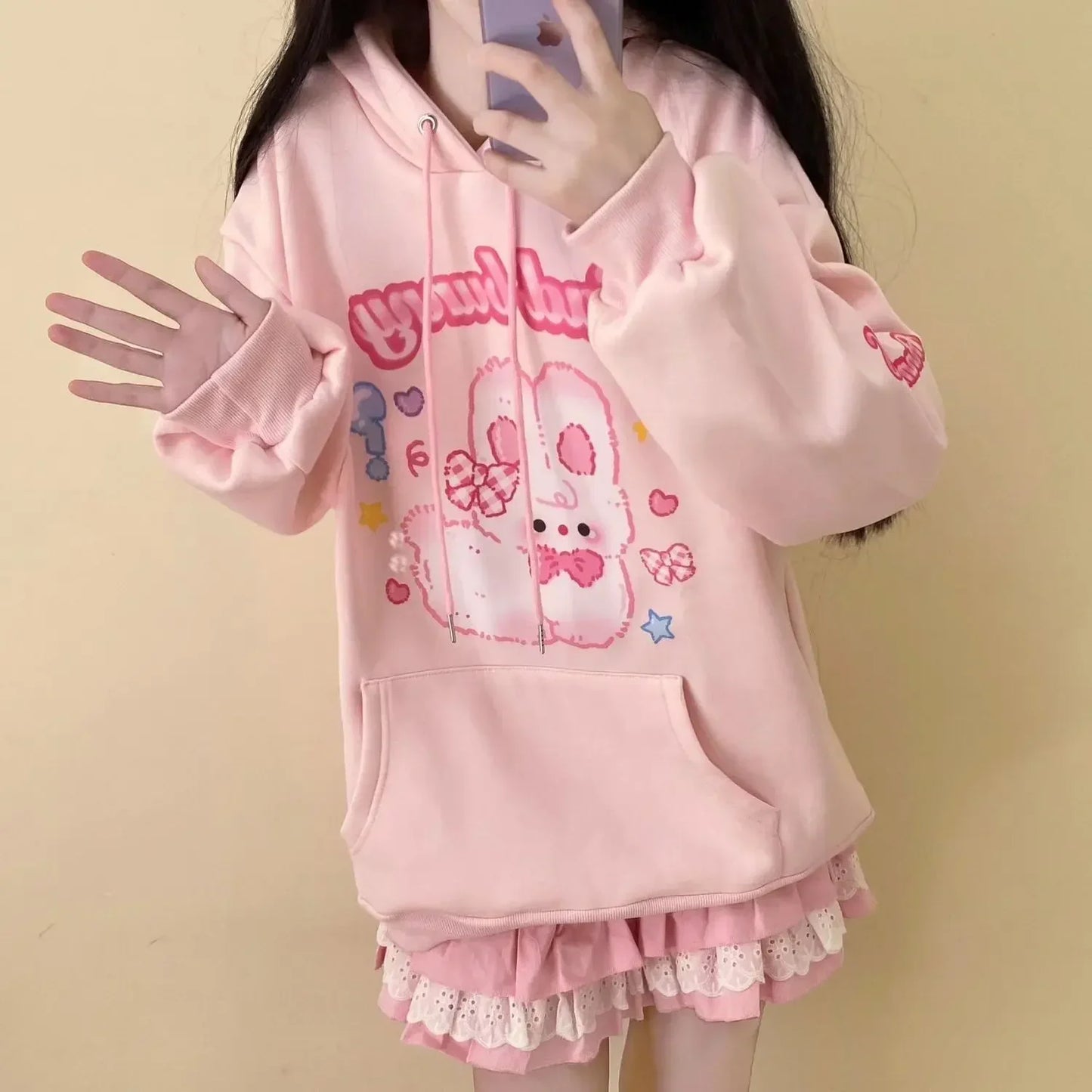 Pink Bunny Print Hoodie