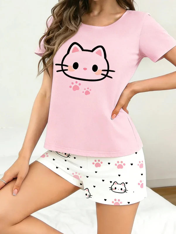Cute Cat & Paw Prints Pajama Set