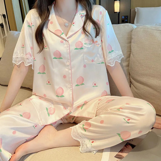 Cute Peach Print Lace Trim Pajamas