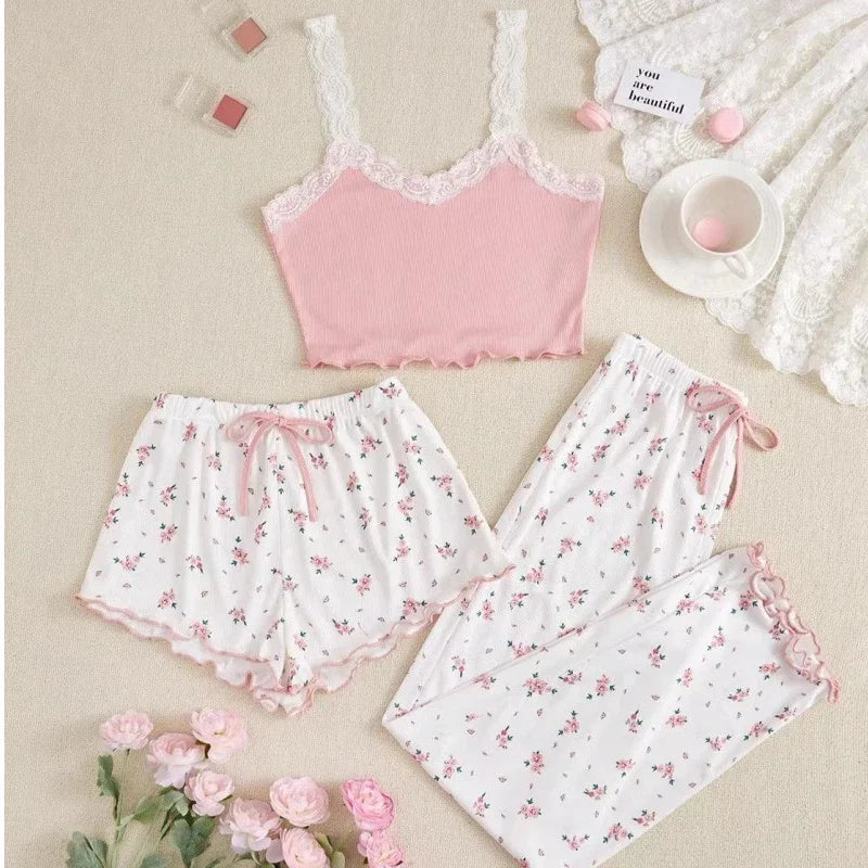 Pink & White Floral 3-Piece Pajamas Set
