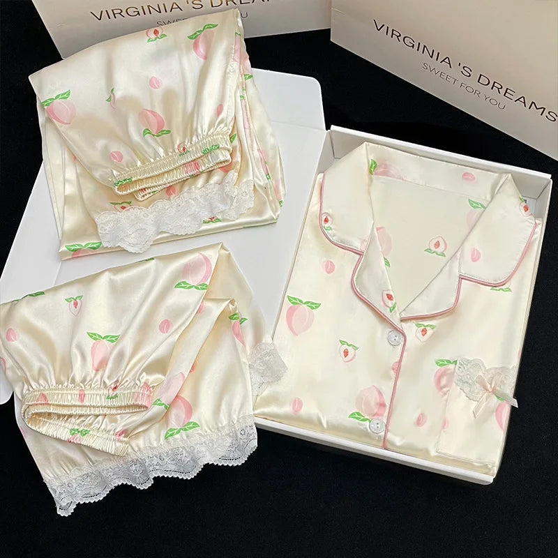 Cute Peach Print Lace Trim Pajamas