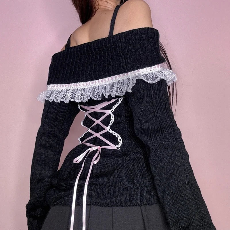 Pull Coquette à épaules dénudées et ruban