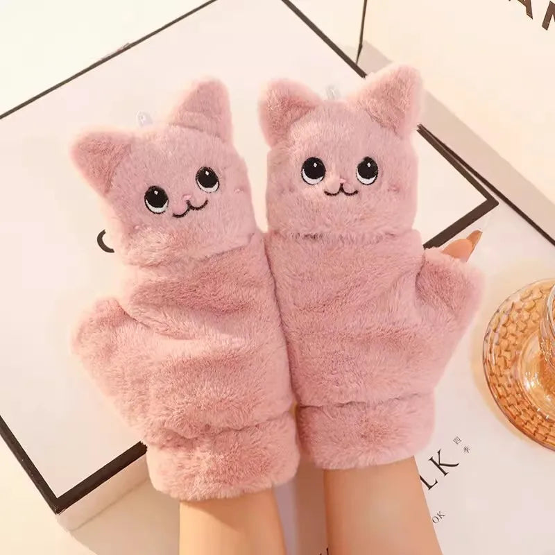 Mitaines en peluche chat kawaii