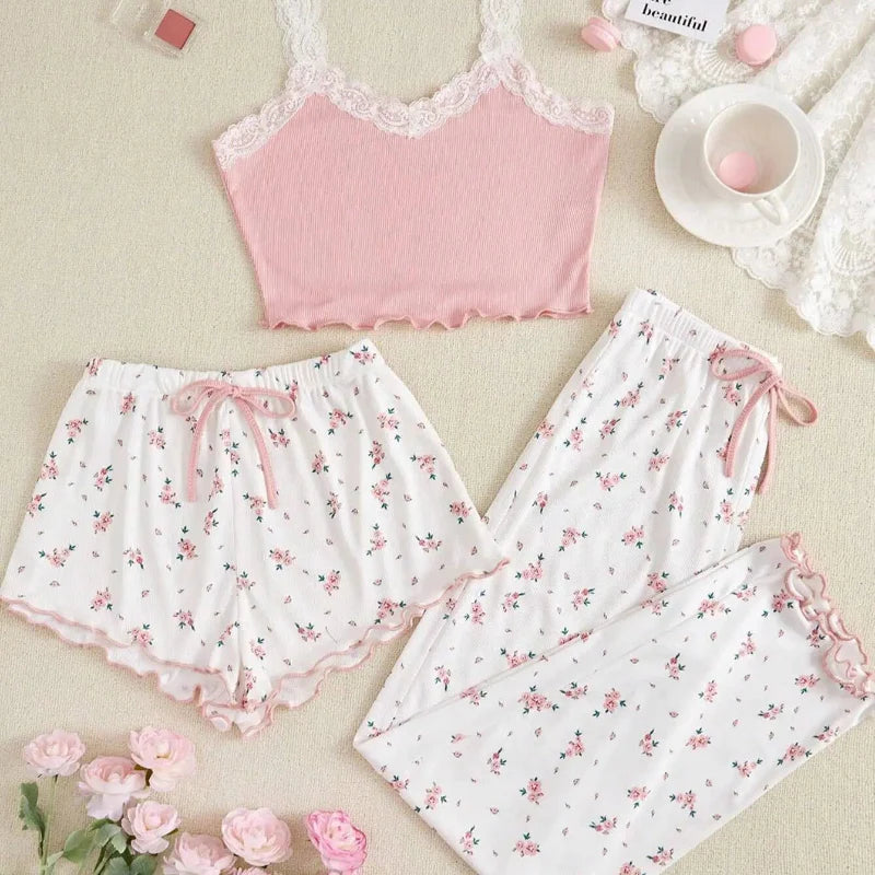 Pink & White Floral 3-Piece Pajamas Set