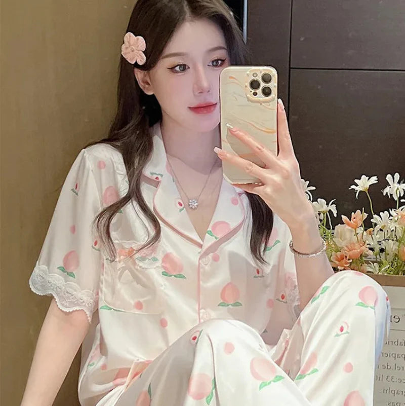 Cute Peach Print Lace Trim Pajamas