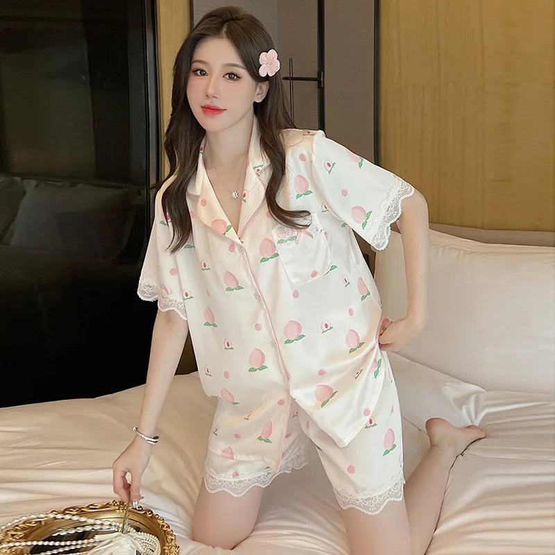 Cute Peach Print Lace Trim Pajamas