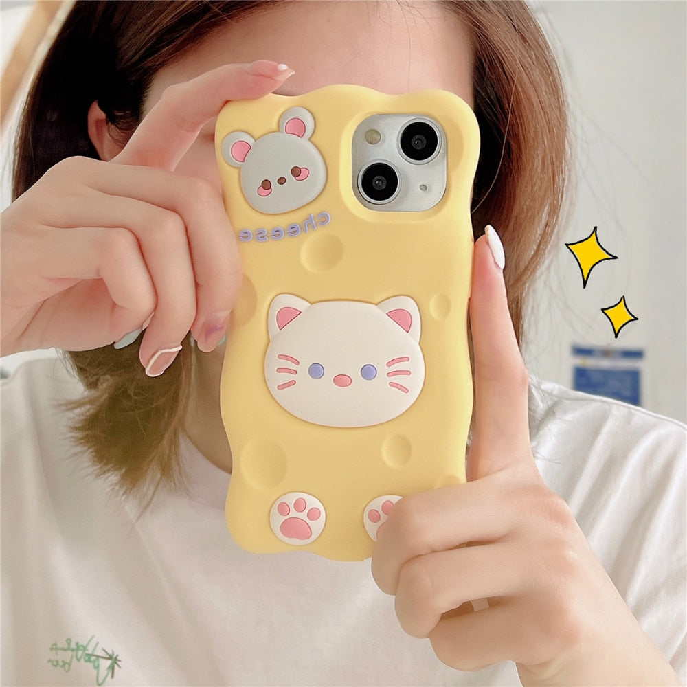 Funda para iPhone con diseño de gato y ratón con queso