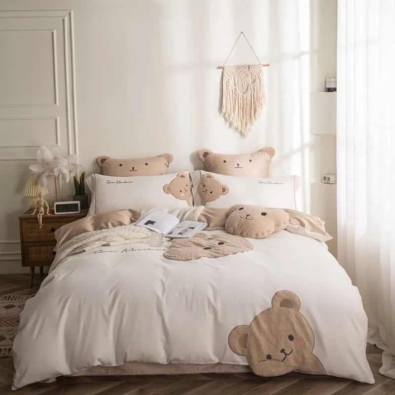 Ropa de cama de algodón con bordado de osito de peluche